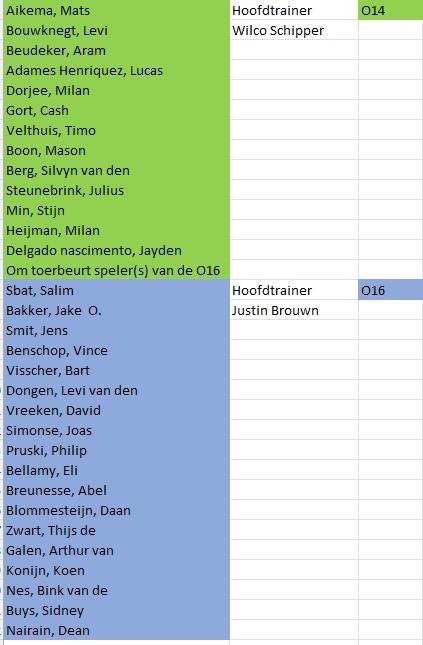 Teamindeling mini’s t/m O16